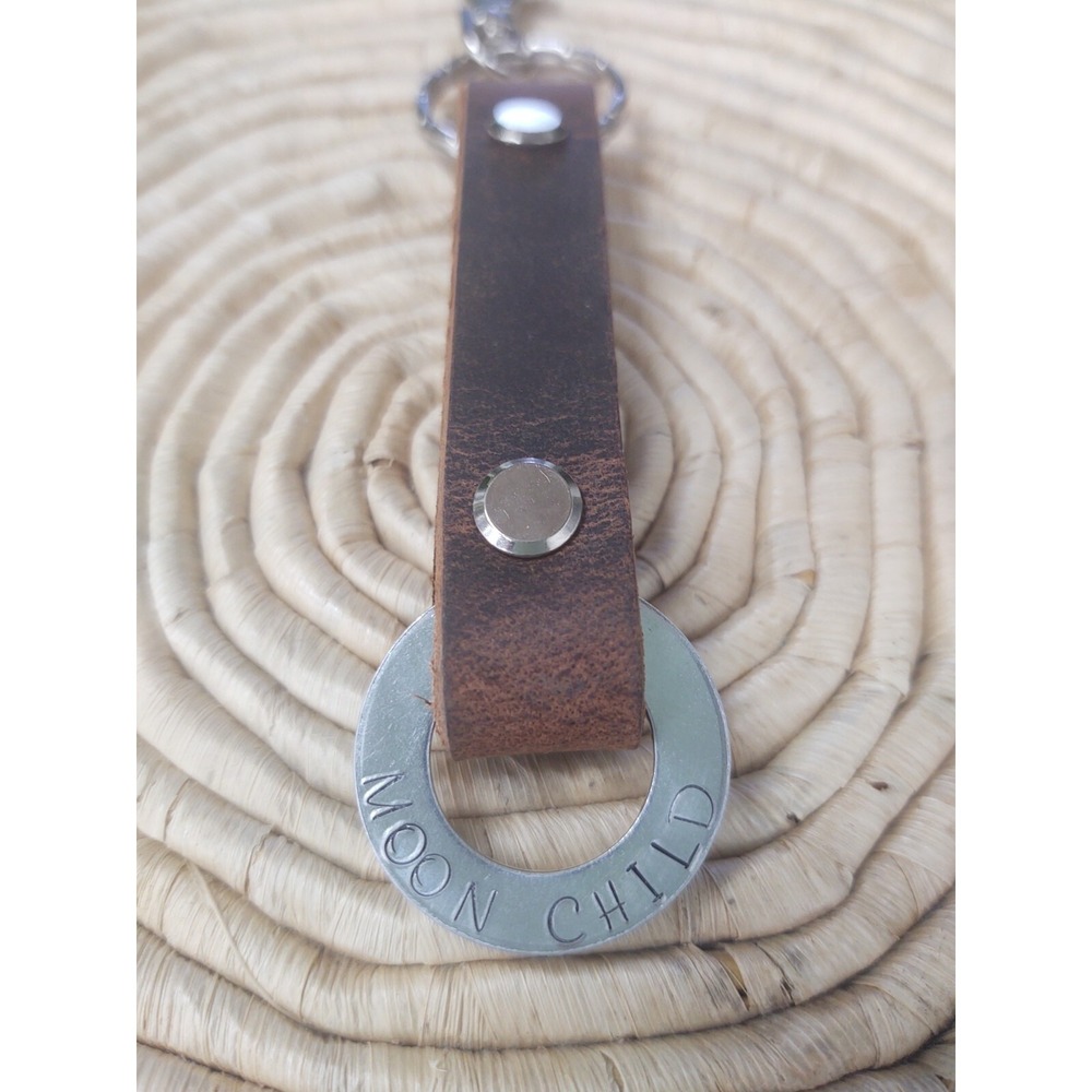 "MOON CHILD" Leather Keychain Key Fob Hooks on Belt Loop Hand Stamped Message - Picture 7 of 10